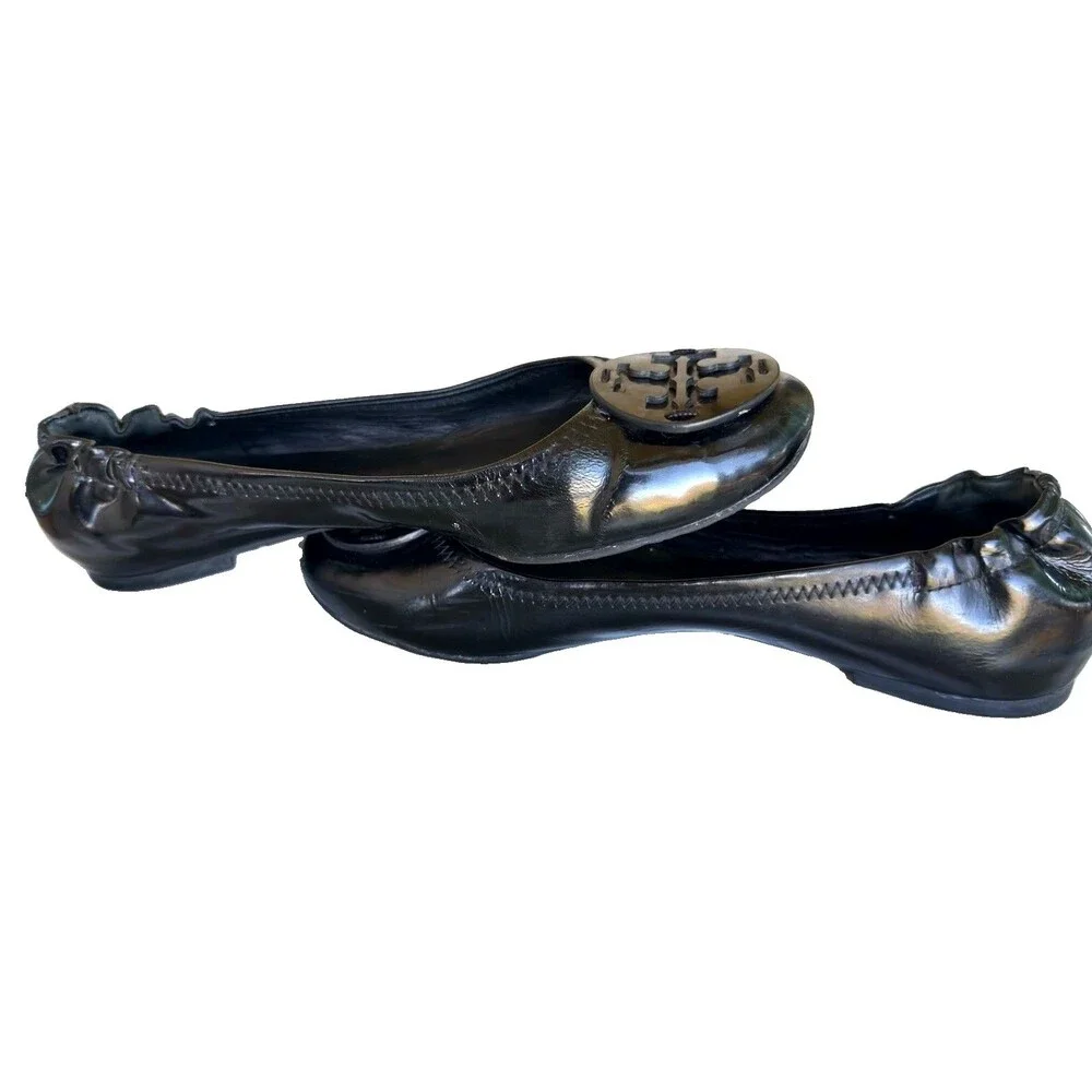 Tory Burch Reva Black Patent Leather  w/ Logo Travel Ballet Flats Shoes 7.5